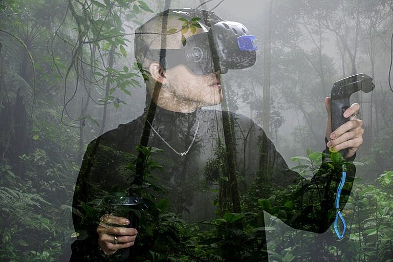 Man with cybernetic goggles in a forest