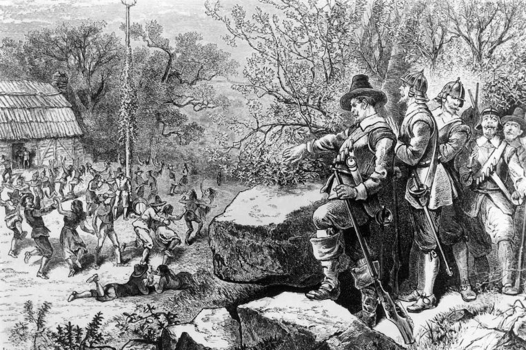 (Captain Miles Standish and his men observe the ‘immoral’ behavior of the Maypole festivities of 1628 at Merrymount. 1850 engraving, public domain, via Wikipedia.)