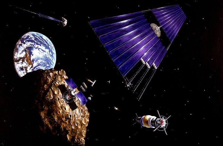 Painting shows an asteroid mining mission to an Earth-approaching asteroid.