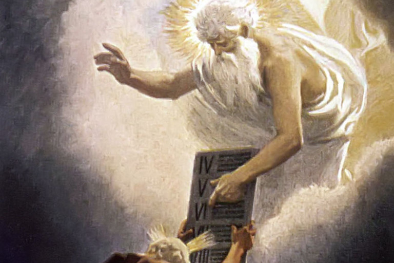 God giving ten commandments to Moses
