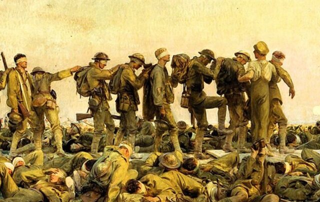 "Gassed" (1919). Painting about World War I by John SInger Sargent via Wikimedia Commons https://commons.wikimedia.org/wiki/File:Sargent,_John_Singer_(RA)_-_Gassed_-_Google_Art_Project.jpg