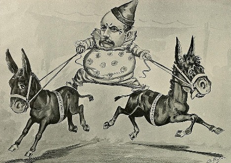 Man straddling two horses going in opposite directions