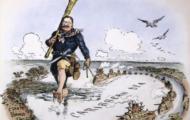 Cartoon of "Theodore Roosevelt and his Big Stick in the Caribbean. Roosevelt stomping around in gulf labelled "Caribbean Sea" pulling "ship-train" labelled "The Reciever", "The Sheriff", "The Debt Collector", etc.
